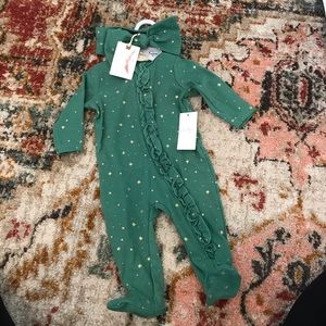 3-6 mo Baby Girl Zipper Footie Jessica Simpson Green/Gold stars + Headband